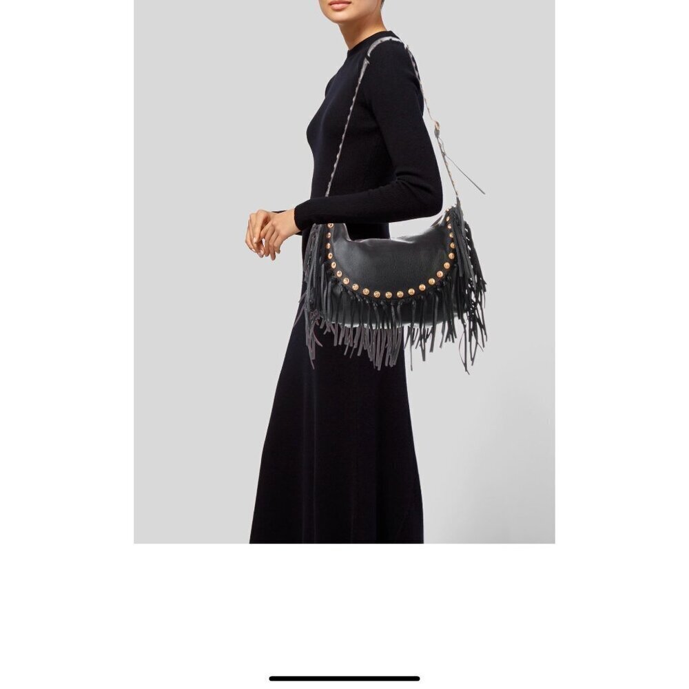 Valentino C-Rockee Fringe Hobo Black Leather Shoulder Bag With Gold Studs - Picture 2 of 9